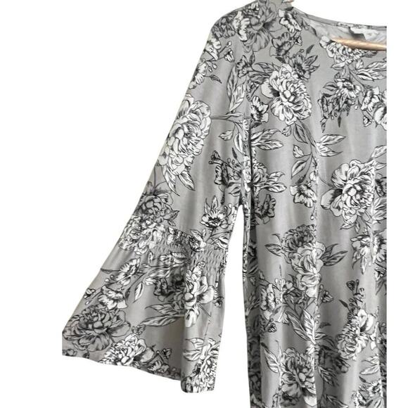 J. JILL Smocked Sleeve With Ruffle Tunic Top Women’s Sz. M Gray & White Floral - Picture 3 of 7